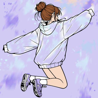 realistic girl jumping with a bun and oversized sweatshirt