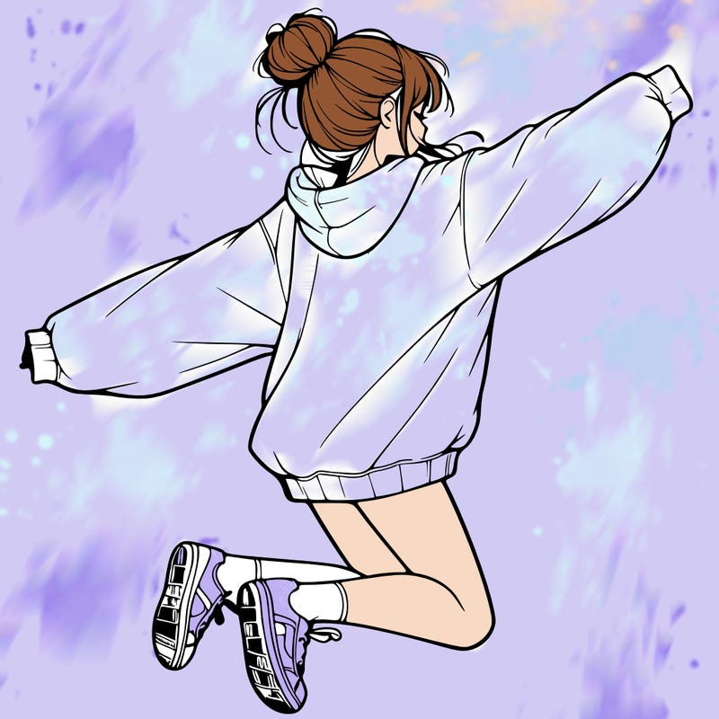 realistic girl jumping with a bun and oversized sweatshirt