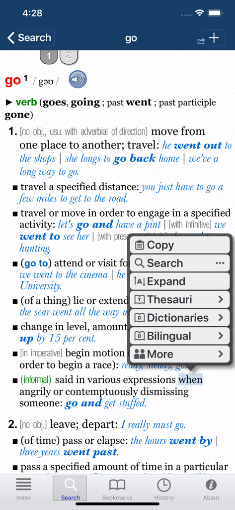 Oxford Dictionary of English. - The Oxford Dictionary of English app interface displaying the definition of the word go and a feature menu.