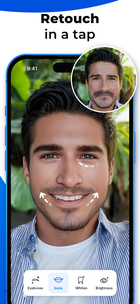 A man using Facelab app to retouch his smile and under-eye area