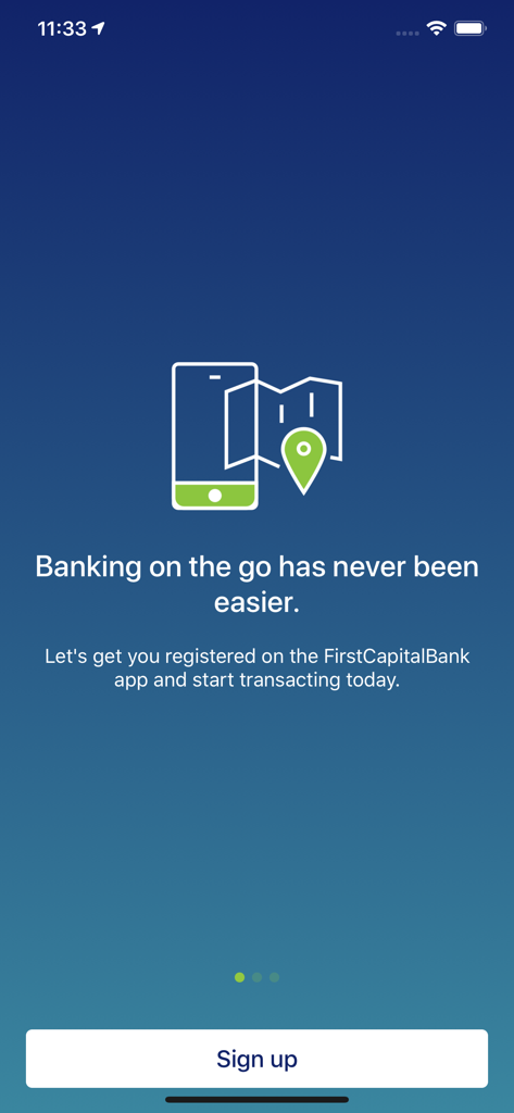 First Capital Bank App - First Capital Bank app onboarding screen with sign up button and mobile banking slogan