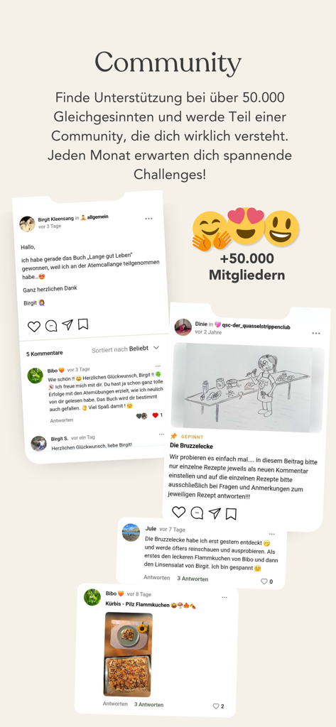 Liebscher & Bracht App - Liebscher and Bracht 앱 커뮤니티 섹션의 인터페이스는 소셜 상호 작용과 사용자 게시물을 보여줍니다.