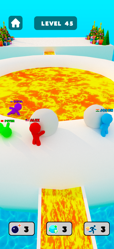 Snow Race 3D™: Fun Xmas Racing - Personnages colorés poussant des boules de neige près d'une piscine de lave dans le niveau 45 de Snow Race 3D