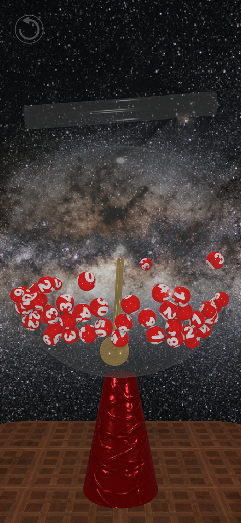 Lottery Wizard 3D - Máquina de lotería mecánica interactiva en 3D con bolas numeradas rojas y un fondo de galaxia