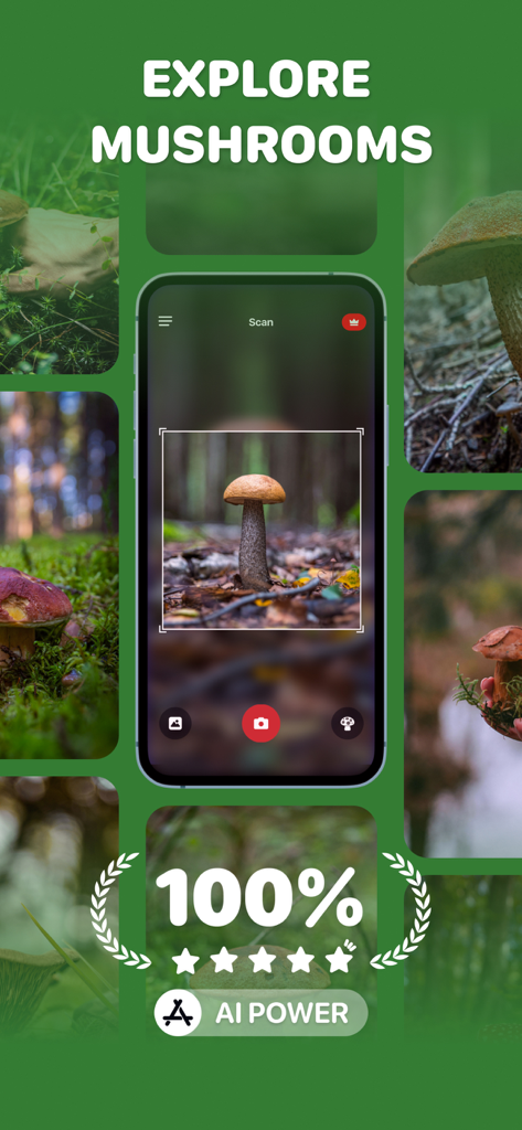 Mushroom ID・Picture Identifier - Mushroom identification app screen showing AI camera scanner and five star rating