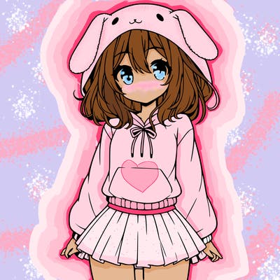 pretty anime girl wearing a fluffy hoodie with bunny ears on the hood and a skirt