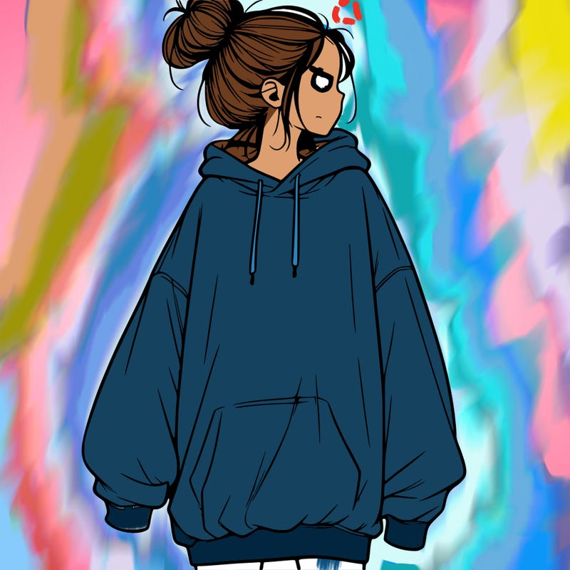 realistic girl with a oversized sweatshirt on and a bun