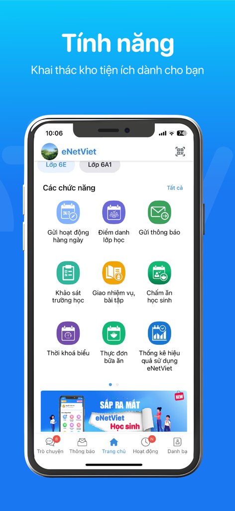 eNetViet - Dashboard of the eNetViet educational app showing icons for school communication attendance and meal tracking