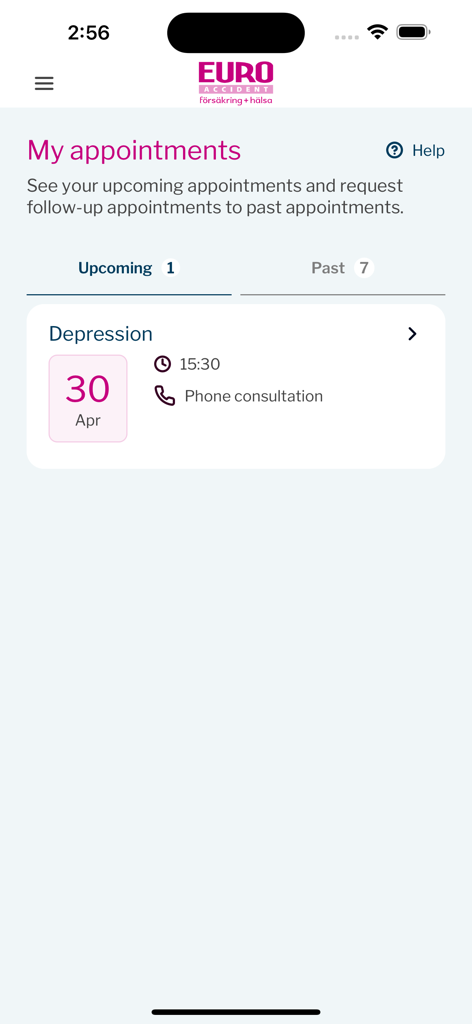 Euro Accident 2.0 - My appointments screen in the Euro Accident 2.0 app showing an upcoming phone consultation for depression on April 30th.