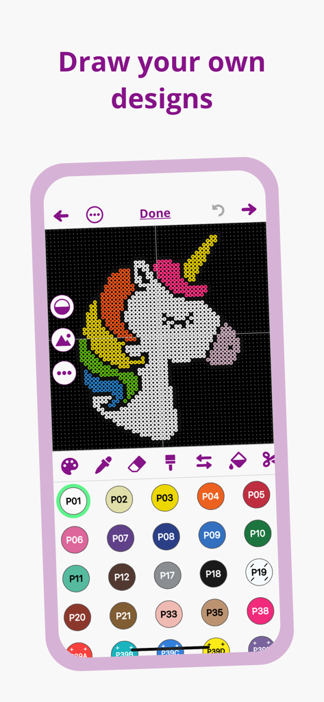 Perlypop: Perler beads - Interfaz de la aplicación Perlypop mostrando un diseño de patrón de unicornio para cuentas de fusión