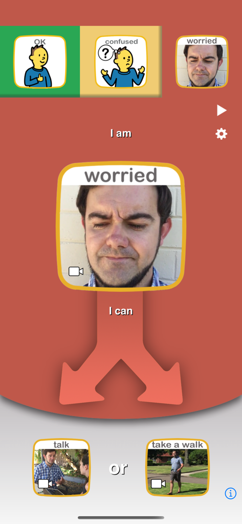Choiceworks - Choiceworks app Feelings Board interface showing a child's options for managing a worried emotion by talking or taking a walk.