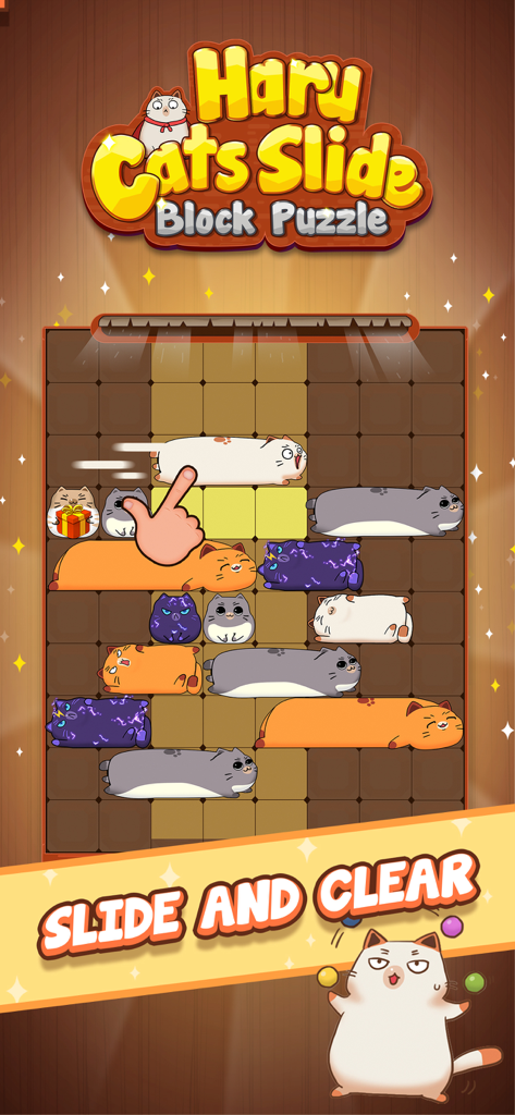 Gameplay screenshot of Haru Cats Cute Sliding Puzzle showing a hand moving an adorable cat block to clear a row.