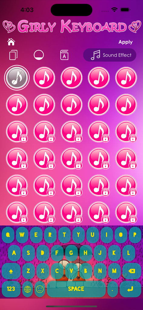 Interfaz de la aplicación de teclado femenino que muestra una selección de efectos de sonido de notas musicales y un tema de teclado colorido personalizado
