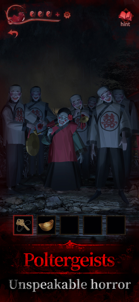 A group of creepy spirits with smiling faces in traditional Chinese clothing in a dark forest setting