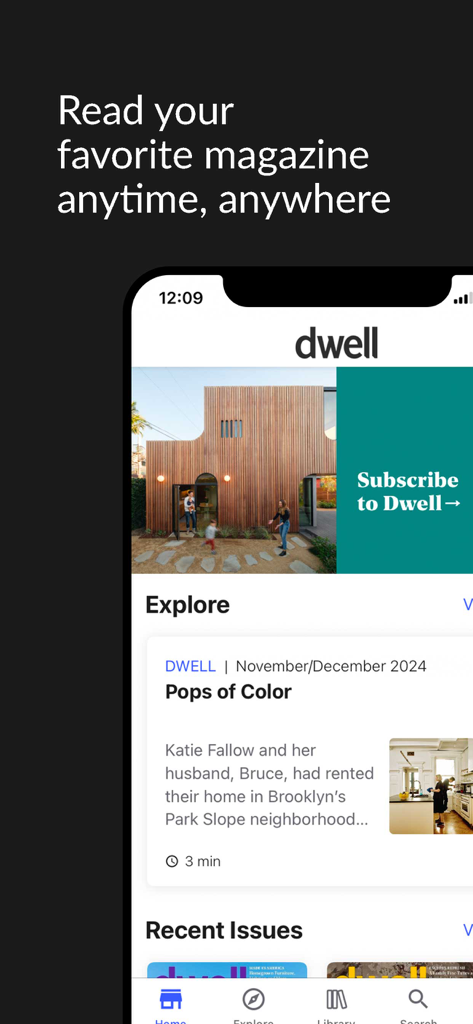 Dwell Magazine - The home screen of the Dwell Magazine mobile app featuring modern architecture and design articles.