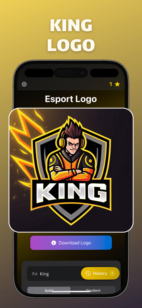 Esport: Gaming Logo Maker - A mobile screen showing a custom esports logo featuring a gamer mascot in a shield with the text King.