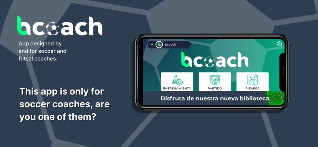 bcoach - White board app - Mobile phone screen showing the bcoach app main menu with soccer training and tactical whiteboard tools