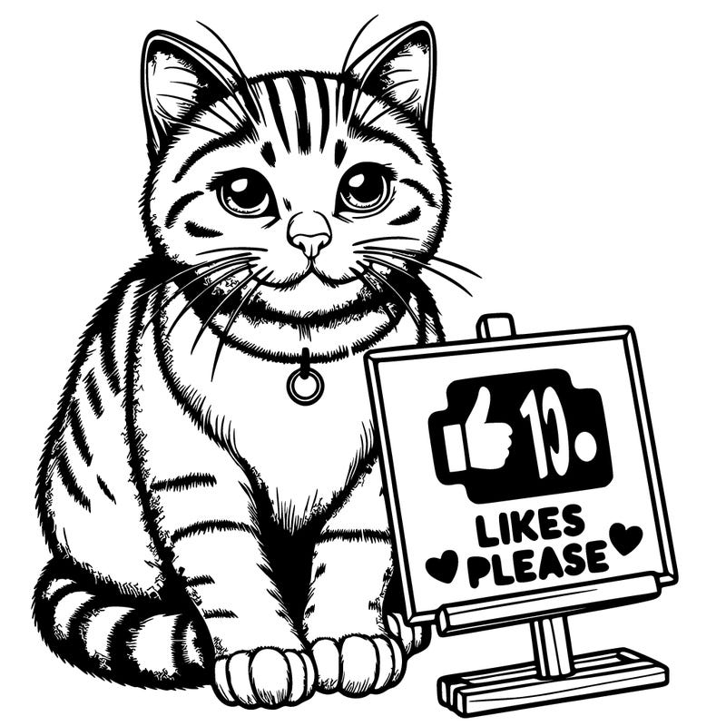 realistic cat with a sign near it saying 10 likes please