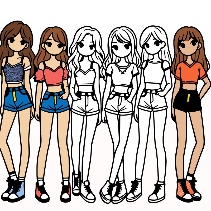 a group of girls wearing crop tops and shorts