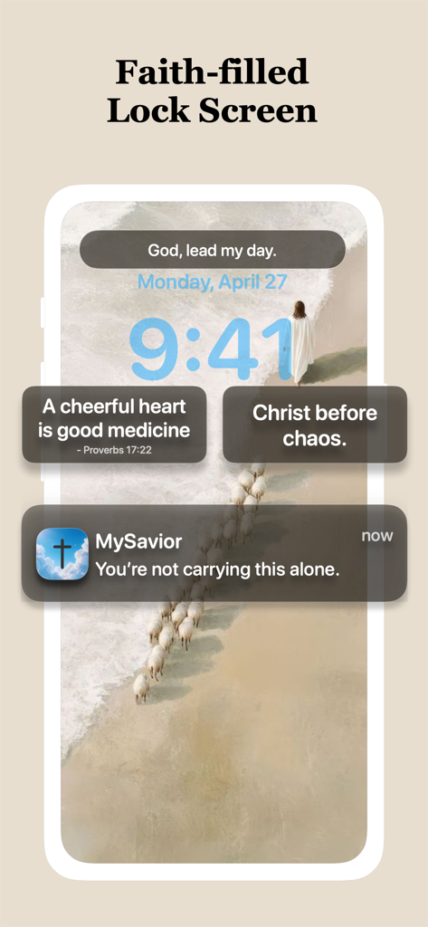 MySavior: Bible Widgets - Pantalla de bloqueo del iPhone que muestra widgets bíblicos de MySavior y notificaciones de aliento cristiano