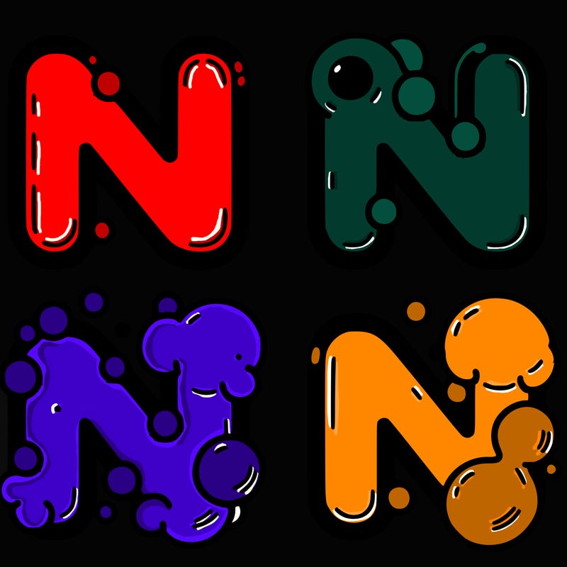the letter n in bubble letter split four ways