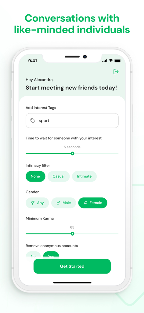 Emerald Chat - Meet New People - Emerald Chat app screen showing interest based matching and user filters