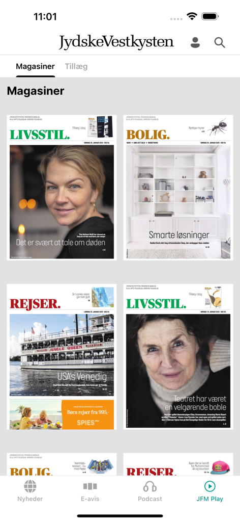 Magazin-Cover in der JydskeVestkysten Mobile-App, die Lifestyle- und Heimkategorien zeigen
