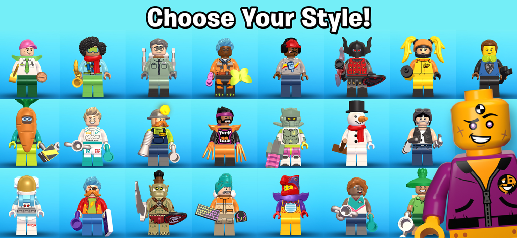 LEGO® Hill Climb Adventures - Una cuadrícula de varias minifiguras de LEGO que muestran diferentes estilos de avatar y opciones de personalización.