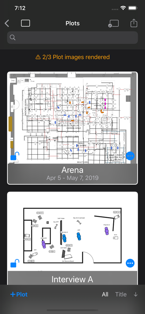 Interface of the Lighting Designer app showing a list of saved technical lighting plots in dark mode