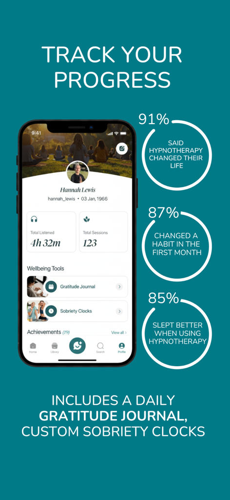 Clear Minds - Hypnotherapy - Clear Minds app dashboard showing user progress, hypnotherapy stats, and wellness tools like a gratitude journal and sobriety clocks.