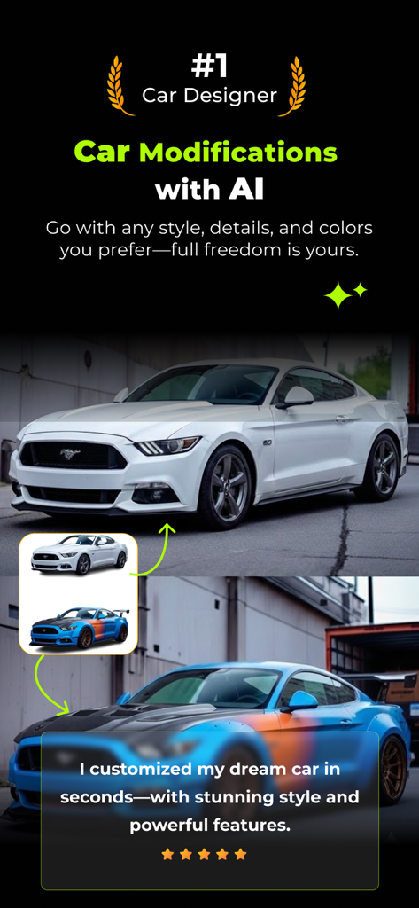 AI Car Modifications - CarMod - Interfaz de la aplicación AI Car Modifications mostrando un Mustang blanco de serie y su versión personalizada con kit ancho en azul