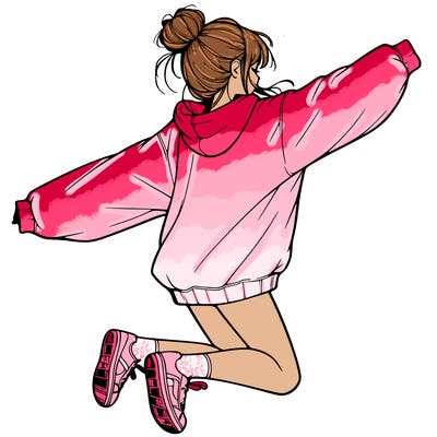 realistic girl jumping with a bun and oversized sweatshirt