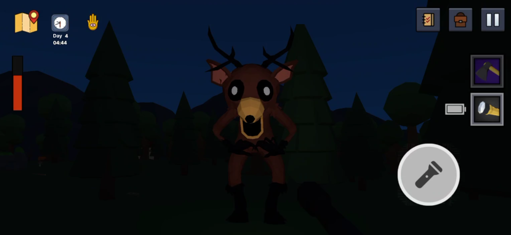 99 Nights In Forest: Survival - A creepy monster deer creature stalking the player in the dark forest of 99 Nights In Forest Survival