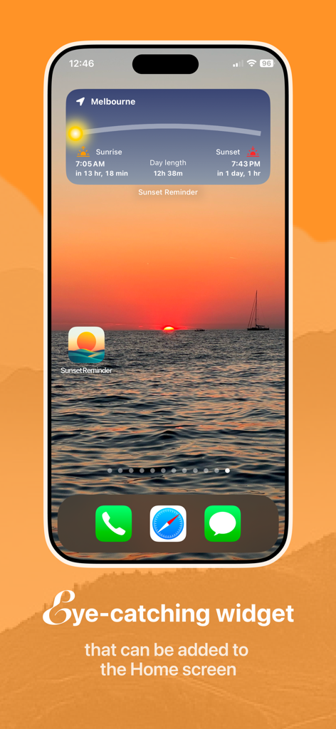 Sunix sunrise and sunset widget displayed on an iPhone home screen with a sunset background