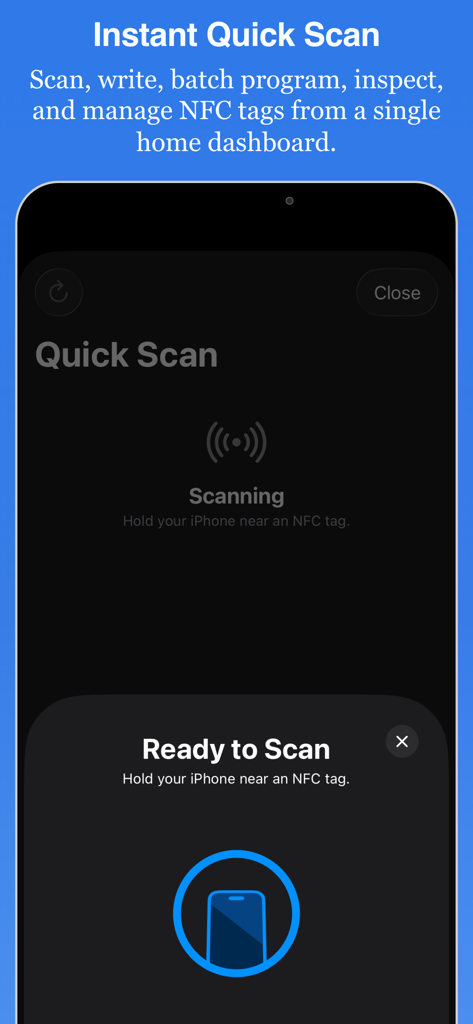 NFC Studio - NFC Studio app showing the Instant Quick Scan feature for scanning and managing NFC tags on iPhone