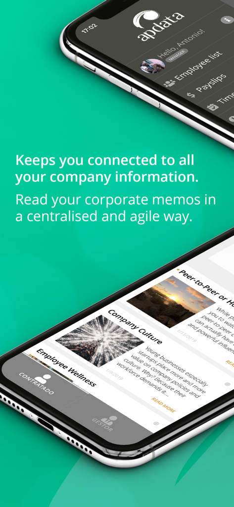 Apdata Mobile - スマートフォンに企業メモや従業員のウェルネスニュースを表示するApdata Mobileアプリのインターフェース