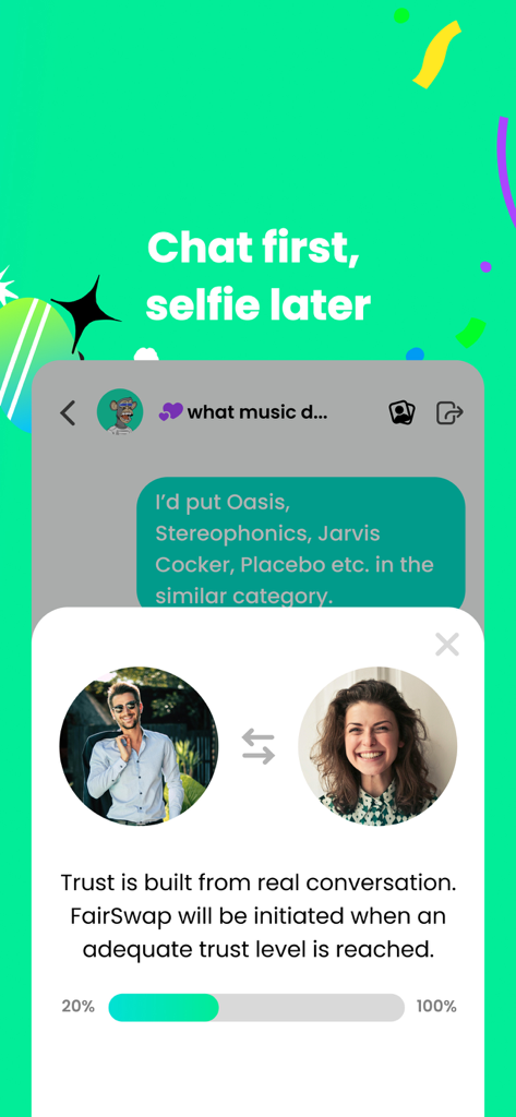 Interface do app Heymandi exibindo o recurso FairSwap, que permite aos usuários trocar fotos após construir confiança através da conversa.