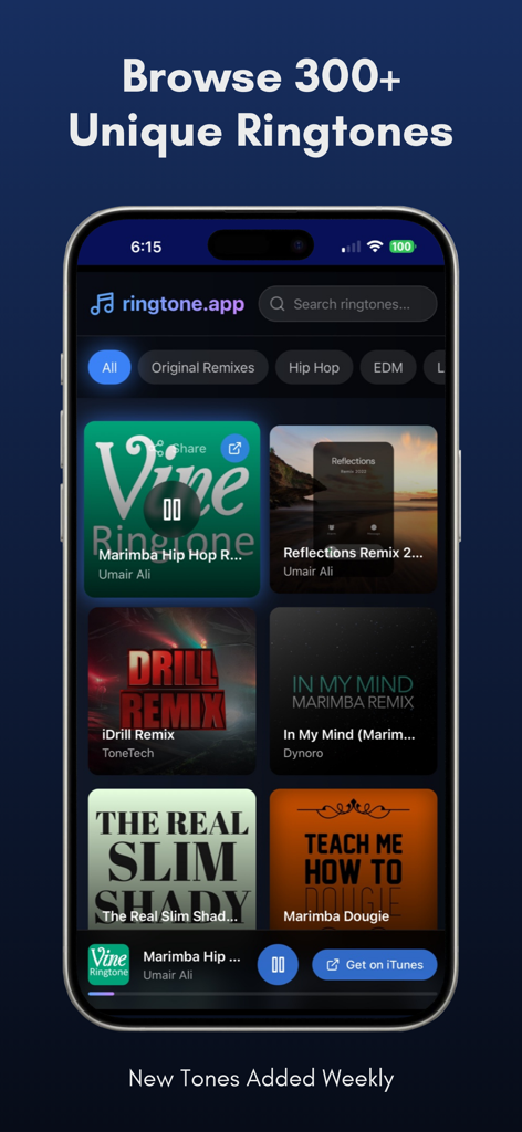 Marimba Ringtone Remixes - Screenshot of the Marimba Ringtone Remixes app showing a library of unique iPhone ringtones across various genres