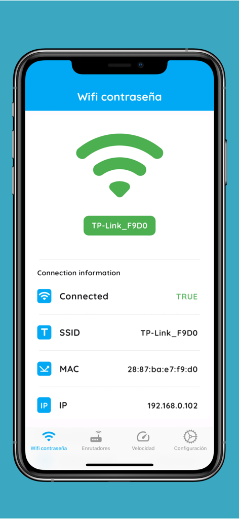 Mobile app interface showing wifi connection details including SSID MAC address and IP information