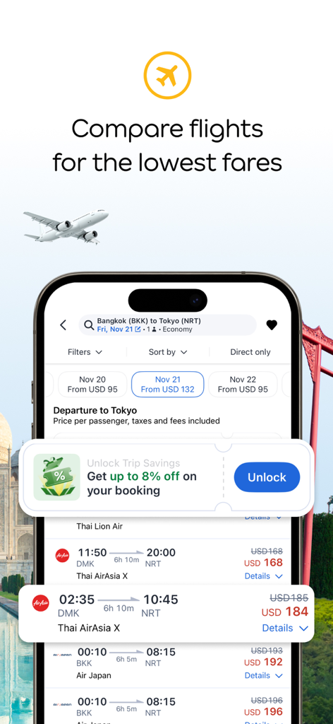 Agoda mobile app interface showing flight price comparisons and trip saving discounts