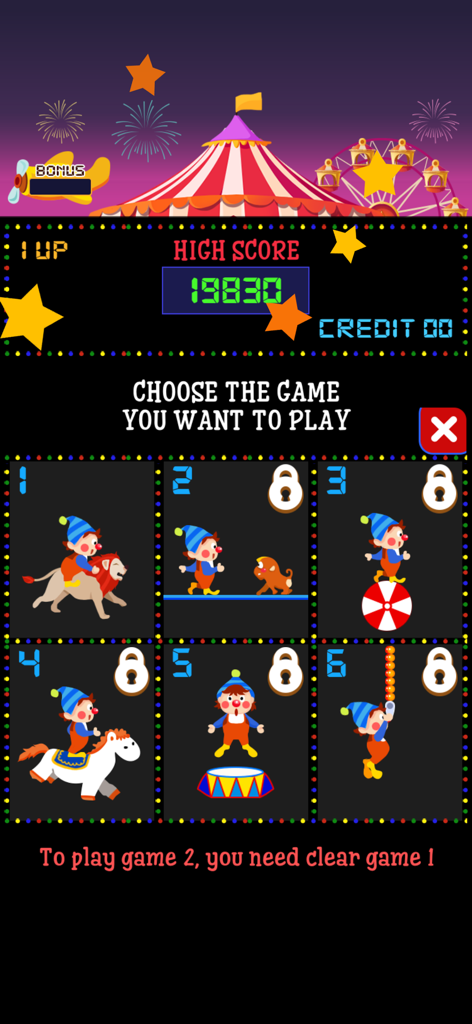 Ein Levelauswahlbildschirm, der sechs verschiedene Zirkusspiel-Stages im Retro-Arcade-Stil zeigt