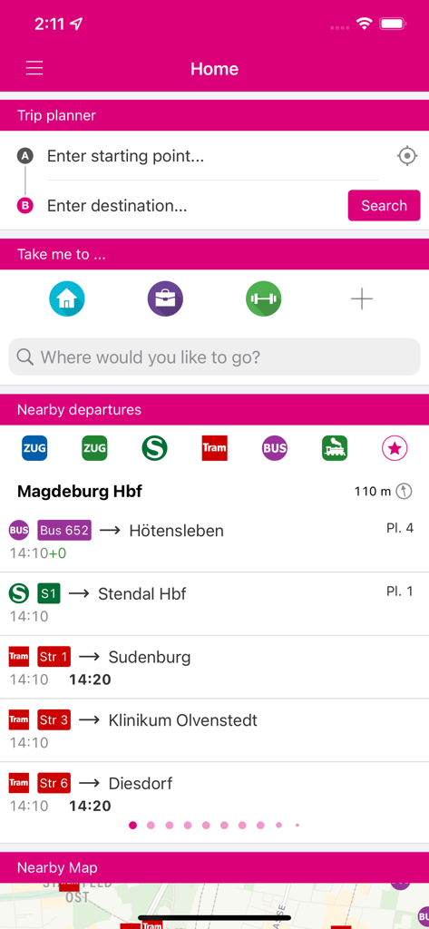 Die Startseite der INSA Nahverkehrs-App mit einem Routenplaner und Abfahrten in der Nähe für Magdeburg.