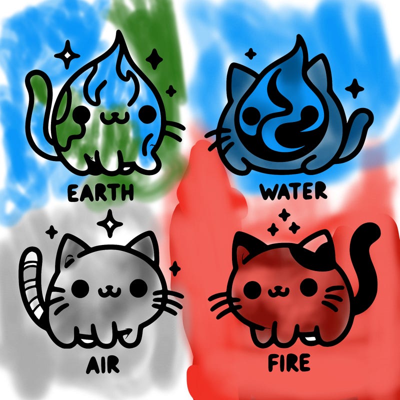 4 cats that represent the different elements, earth, water, air, and fire