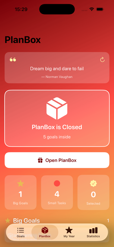 Interfaz de la aplicación móvil Plan Spin Box que muestra una caja digital cerrada que contiene un gran objetivo y cuatro pequeñas tareas