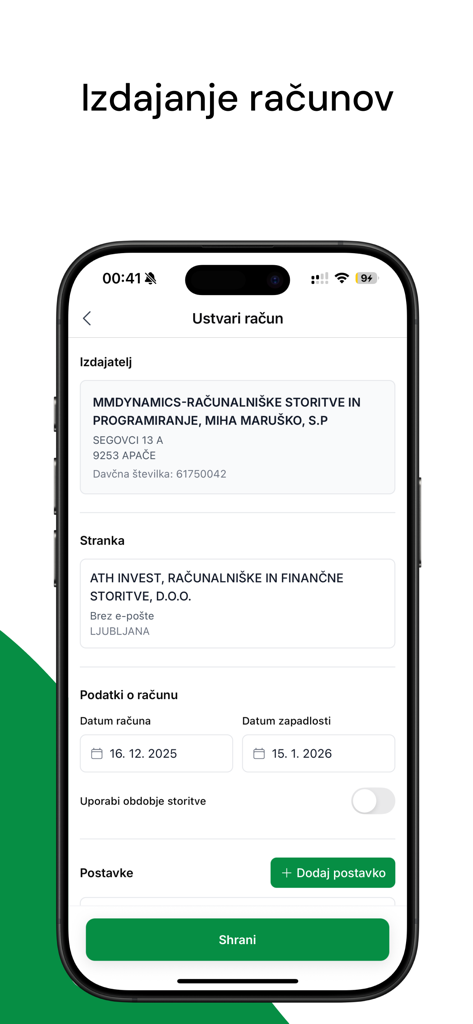 Račun123 - Interfaz de la app móvil Račun123 mostrando el formulario para crear una nueva factura, incluyendo los detalles del emisor y del cliente