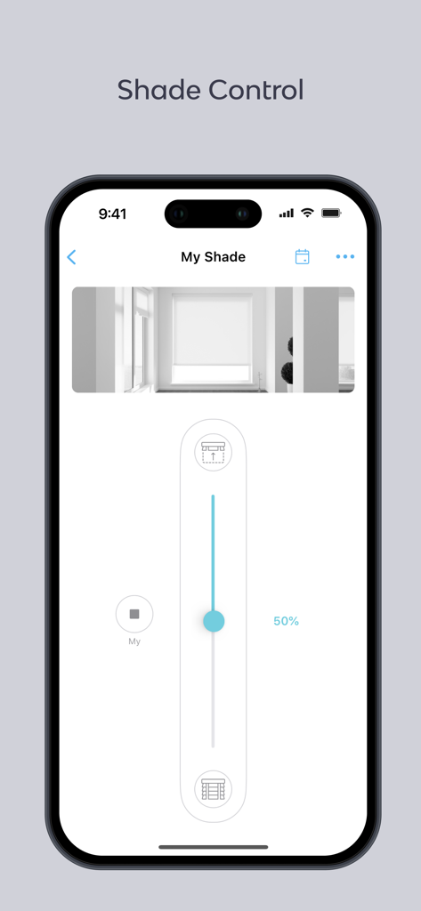 Bond Home app interface for remote control of motorized window shades with a slider set to fifty percent