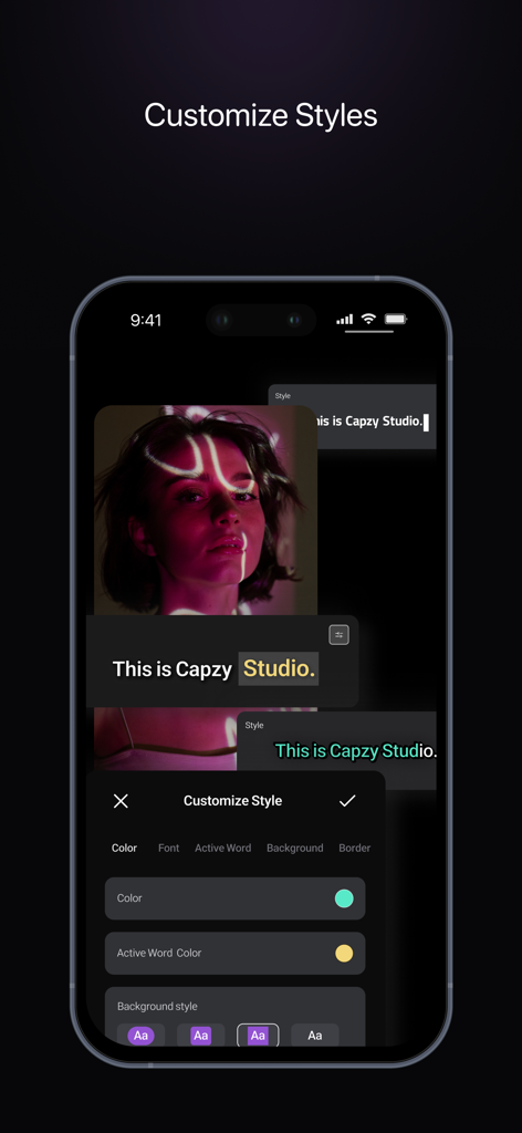 Capzy: AI Caption - Interfaz de la aplicación Capzy que muestra opciones de personalización de estilos de subtítulos para creadores de vídeo