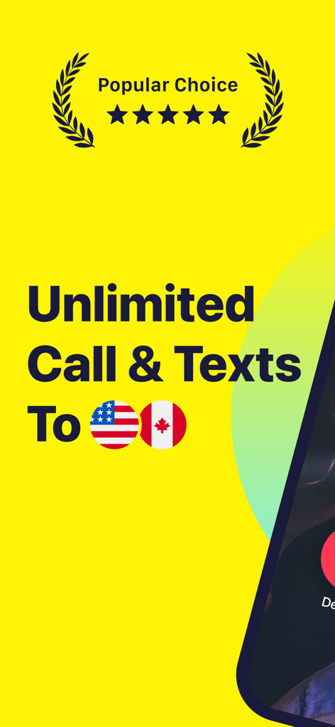 2Phone: Second Phone Number - 2Phone App-Werbung, die unbegrenzte Anrufe und SMS in die USA und Kanada mit einer Fünf-Sterne-Bewertung zeigt