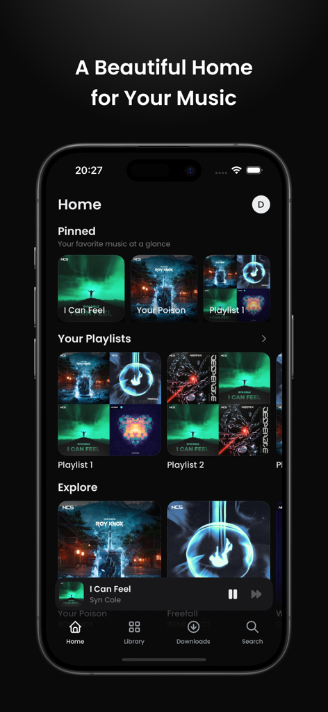 Agin Music – Navidrome Client - Tela inicial do aplicativo Agin Music no iPhone exibindo músicas e playlists fixadas em tema escuro.