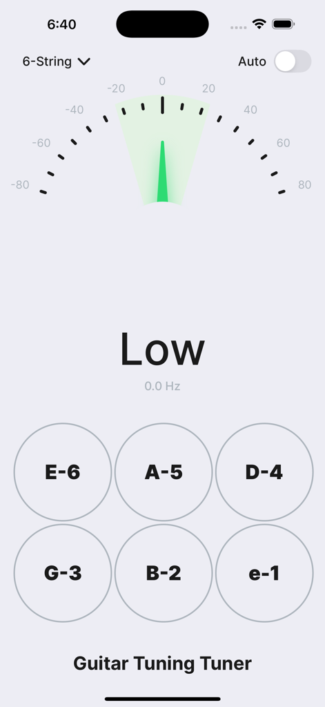 Guitar Tuning Tuner - Interface de l'application Accordeur de Guitare avec un cadran à aiguille analogique et des boutons pour six cordes de guitare